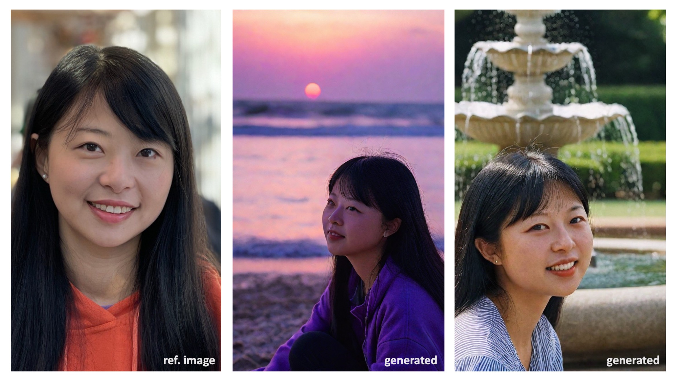 PhotoMaker test. The left one is the input image (Huiwen Chang). The middle one is generated with the prompt &lsquo;an asian woman img sitting at the beach, with purple sunset&rsquo;. The third one is generated with the prompt &lsquo;An asian woman in front of a fountain at a garden img&rsquo;. Source: author